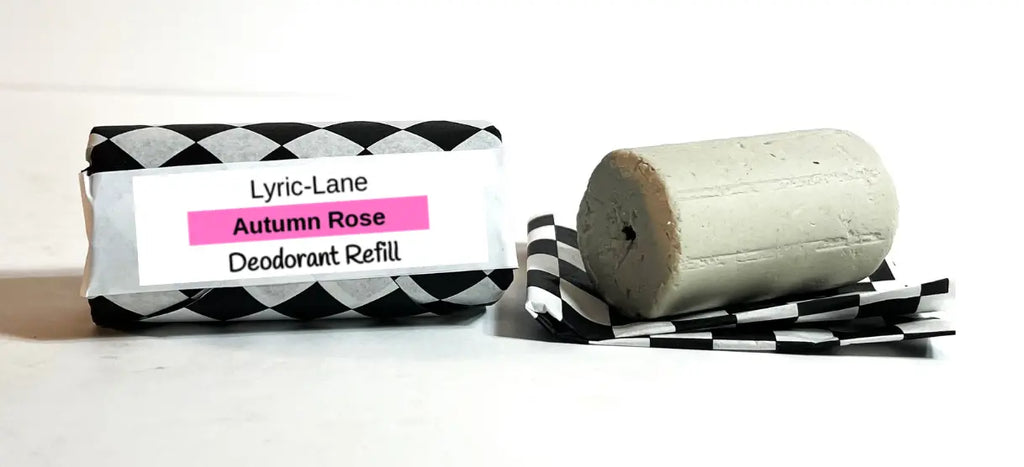 Deodorant Tube & Refill Quick Shop by Lyric-Lane showing Autumn Rose refill wrapped and unwrapped stick on checkered paper