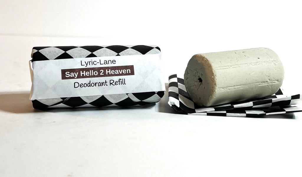 Lyric-Lane Deodorant Tube & Refill Quick Shop showing Say Hello 2 Heaven refill bar on black and white paper.