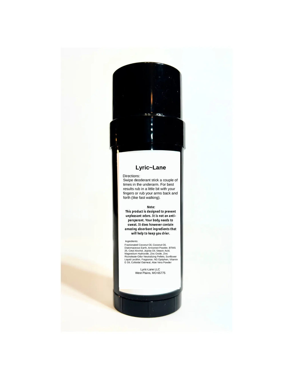 Lyric-Lane Deodorant Tube & Refill Quick Shop showing label with directions and ingredients on black tube.