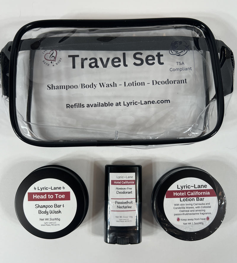 TSA Compliant Travel Kit with Clear Travel Bag, Shampoo/Body Wash Bar, Lotion Bar, Deodorant. Refillable!