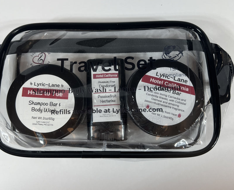 TSA Compliant Travel Kit with Clear Travel Bag, Shampoo/Body Wash Bar, Lotion Bar, Deodorant. Refillable!