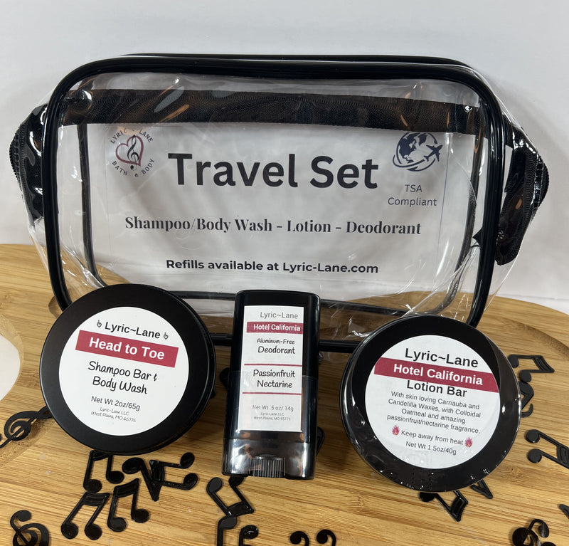 TSA Compliant Travel Kit with Clear Travel Bag, Shampoo/Body Wash Bar, Lotion Bar, Deodorant. Refillable!