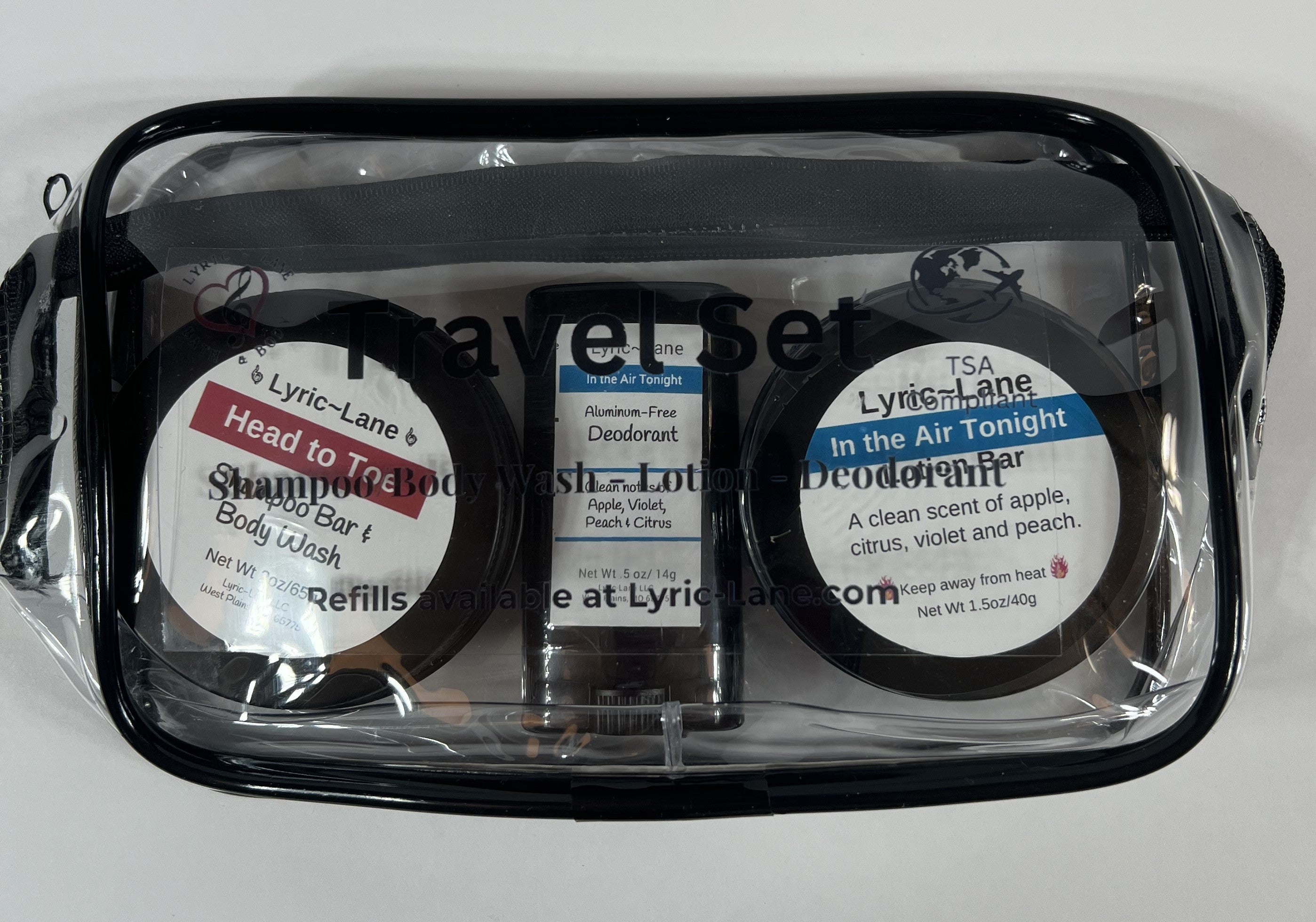 TSA Compliant Travel Kit with Clear Travel Bag, Shampoo/Body Wash Bar, Lotion Bar, Deodorant. Refillable!