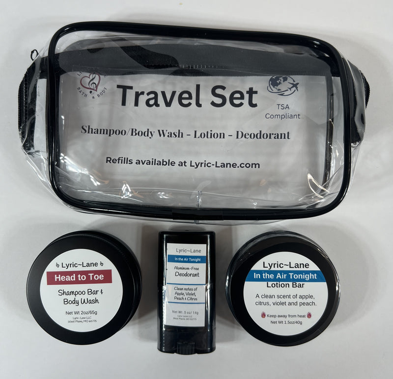 TSA Compliant Travel Kit with Clear Travel Bag, Shampoo/Body Wash Bar, Lotion Bar, Deodorant. Refillable!