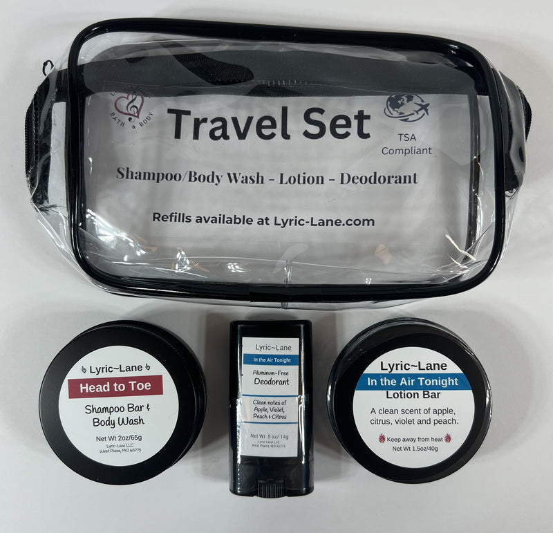 TSA Compliant Travel Kit with Clear Travel Bag, Shampoo/Body Wash Bar, Lotion Bar, Deodorant. Refillable!