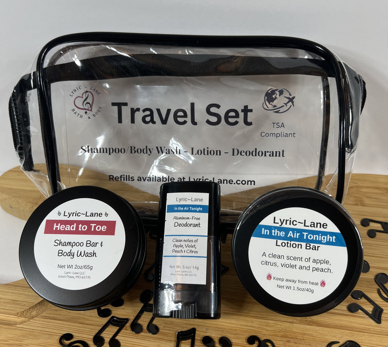 TSA Compliant Travel Kit with Clear Travel Bag, Shampoo/Body Wash Bar, Lotion Bar, Deodorant. Refillable!