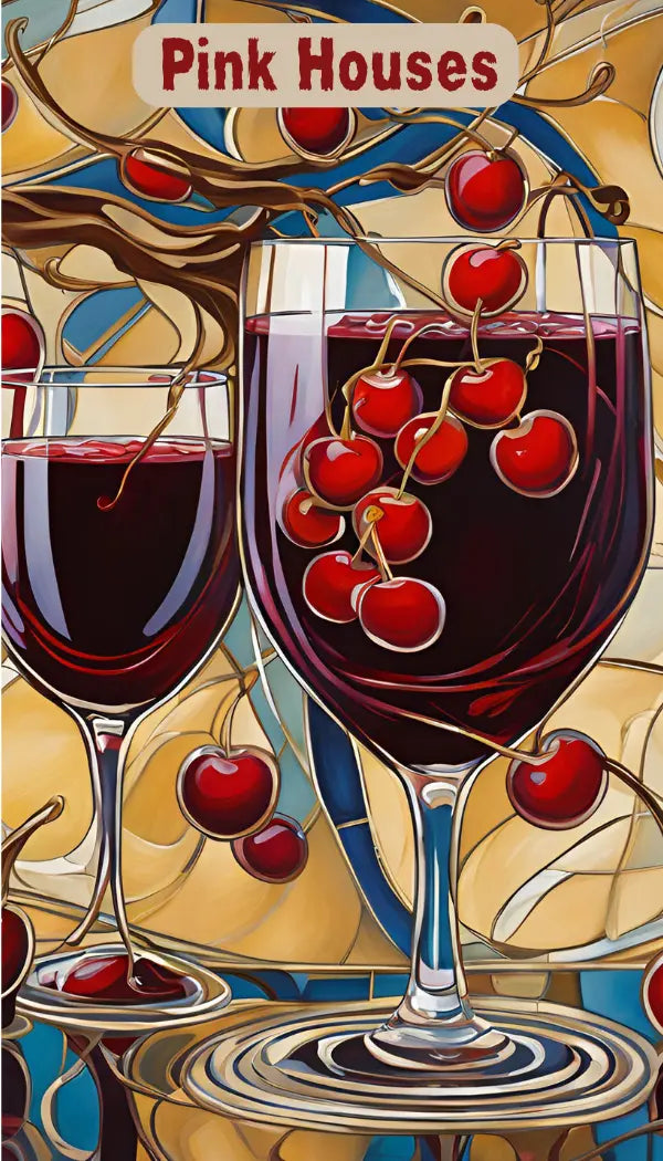 Lyric-Lane Pink Houses Products featuring rich merlot wine with dark cherries and vanilla notes in artistic glassware.