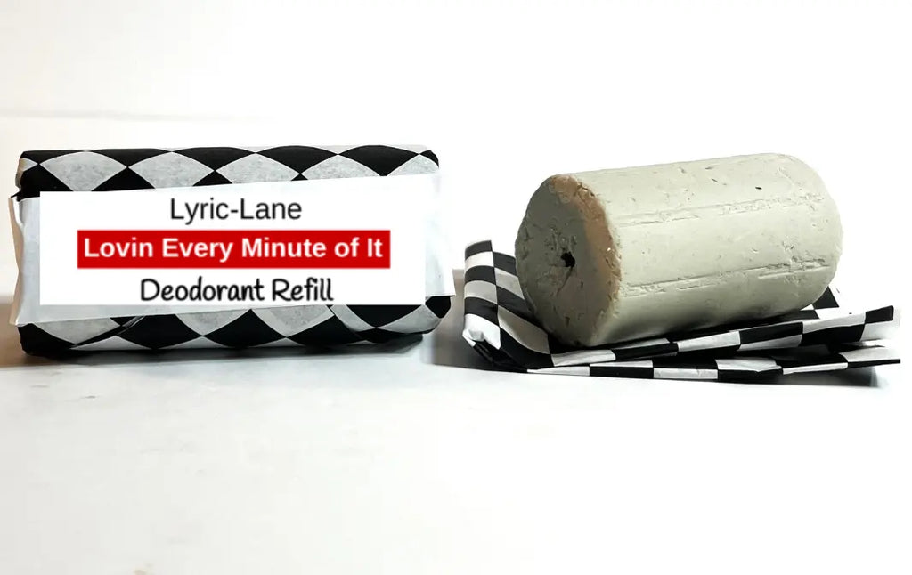 Deodorant Tube & Refill Quick Shop by Lyric-Lane showing Lovin Every Minute of It scent refill wrapped and unwrapped bar.