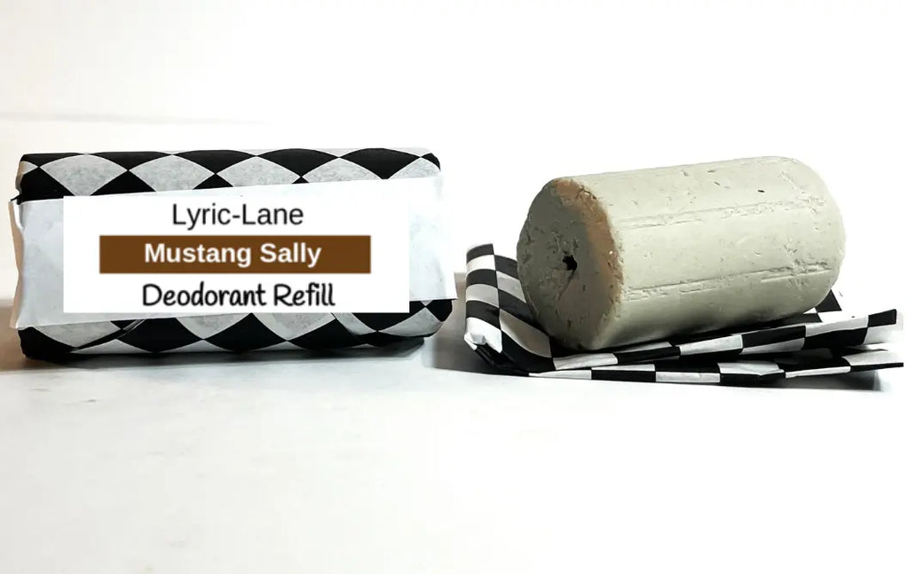 Lyric-Lane Deodorant Tube & Refill Quick Shop showing Mustang Sally scent refill on checkered paper