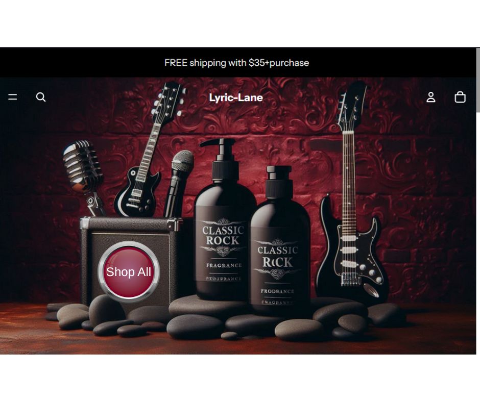Fragrance bottles labeled 'Classic Rock' with guitars and microphones on a dark background, featuring Lyric Lane branding.
