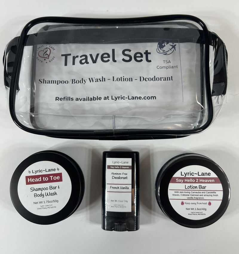 TSA Compliant Travel Kit with Clear Travel Bag, Shampoo/Body Wash Bar, Lotion Bar, Deodorant. Refillable!