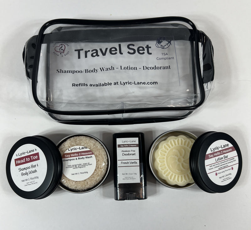 TSA Compliant Travel Kit with Clear Travel Bag, Shampoo/Body Wash Bar, Lotion Bar, Deodorant. Refillable!