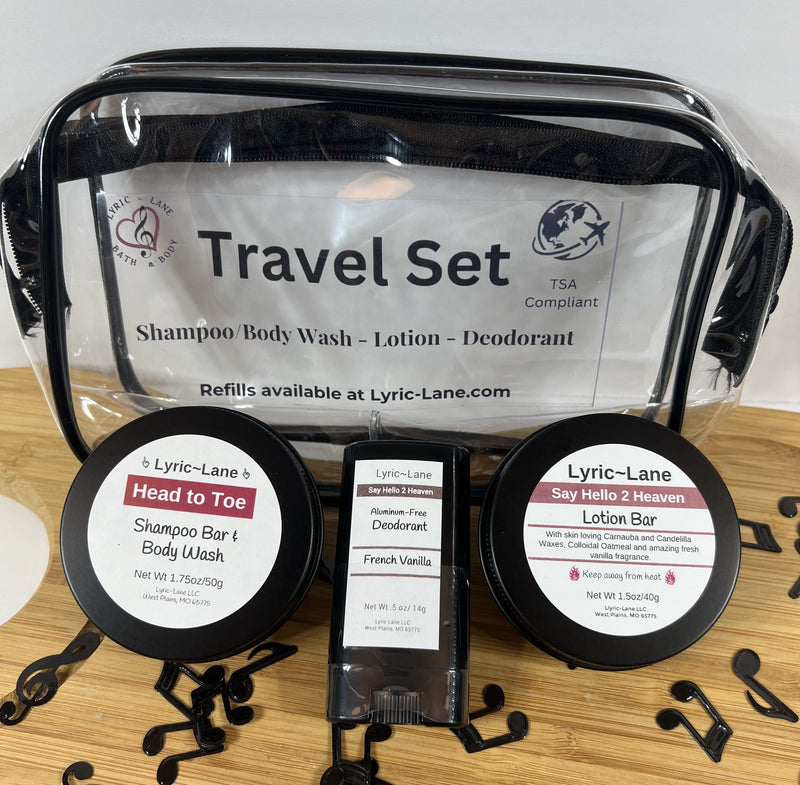 TSA Compliant Travel Kit with Clear Travel Bag, Shampoo/Body Wash Bar, Lotion Bar, Deodorant. Refillable!