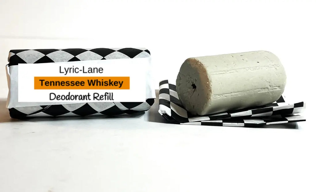 Lyric-Lane Deodorant Tube & Refill Quick Shop showing Tennessee Whiskey refill bar wrapped in black and white paper.