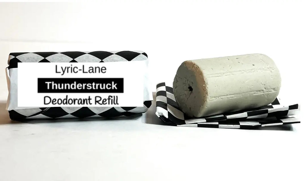 Lyric-Lane Deodorant Tube & Refill Quick Shop showing Thunderstruck refill bar wrapped in black and white paper