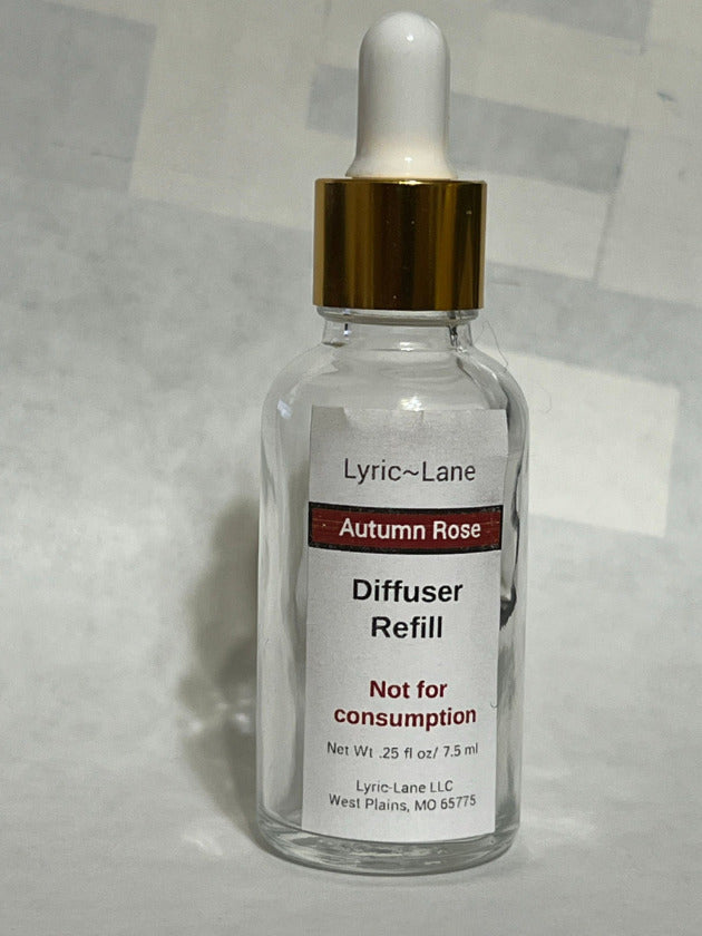 Glass bottle with white bulb dropper top holds 1.25 fluid ounces diffuser refill. From Lyric Lane